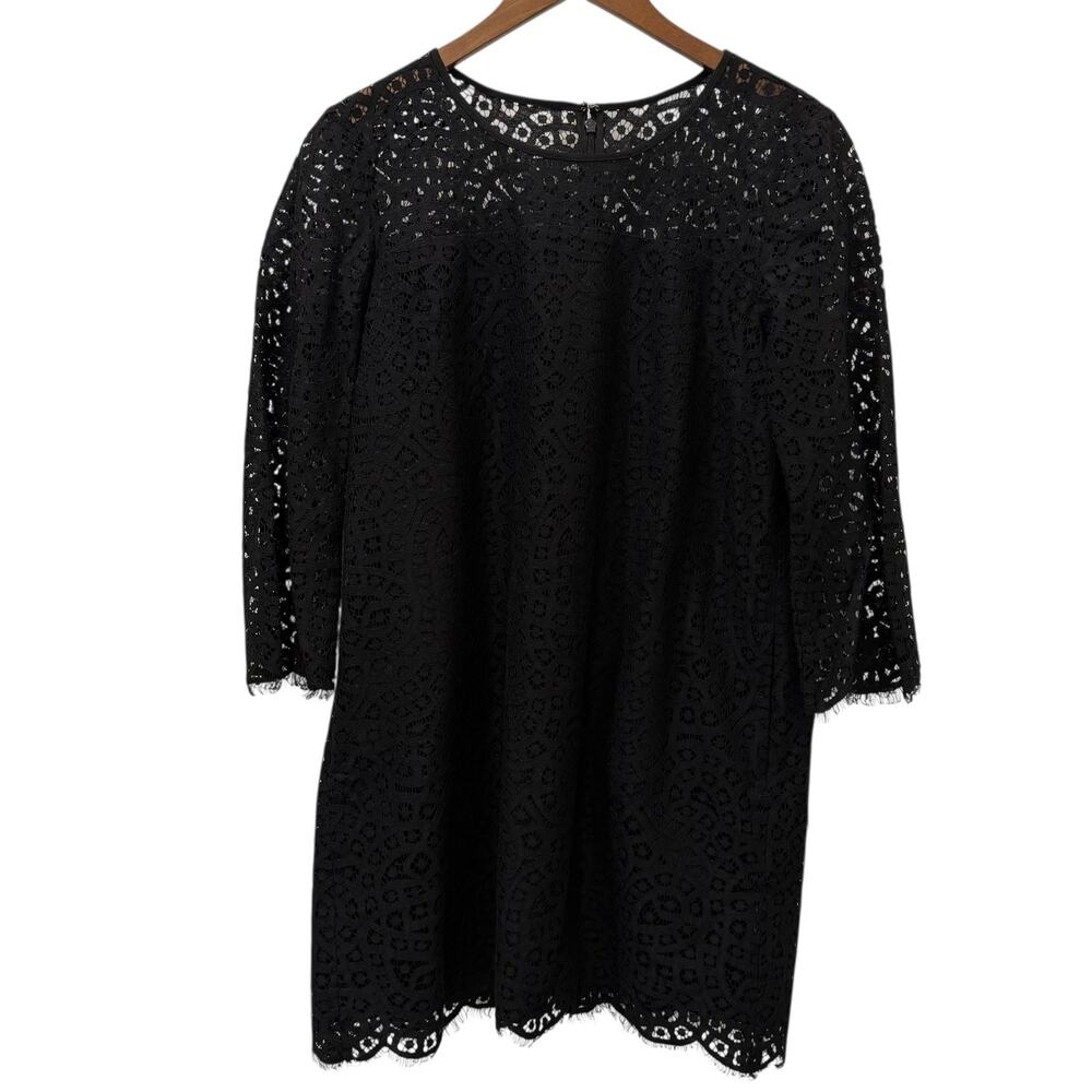 GAP Dress Womens M Petite Black Lace Shift 3/4 Sleeve Scallop Hem Cocktail